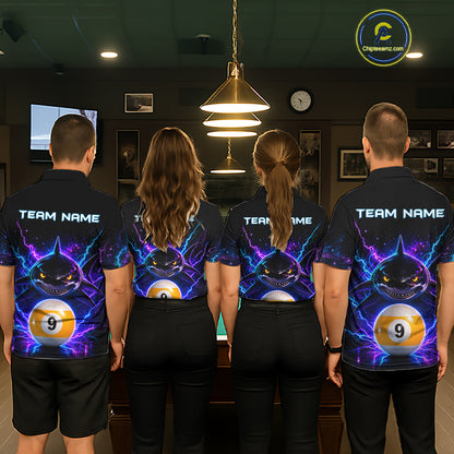 Back view of pool players wearing matching neon shark billiard shirts in a game room.