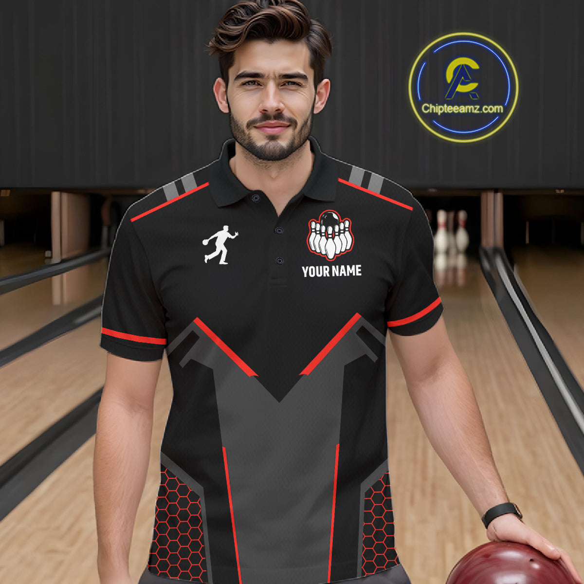 Personalized Bowling Jersey For Men Custom Black And Red Bowling Team Shirt Polo & 1/4 Zip TDM6116