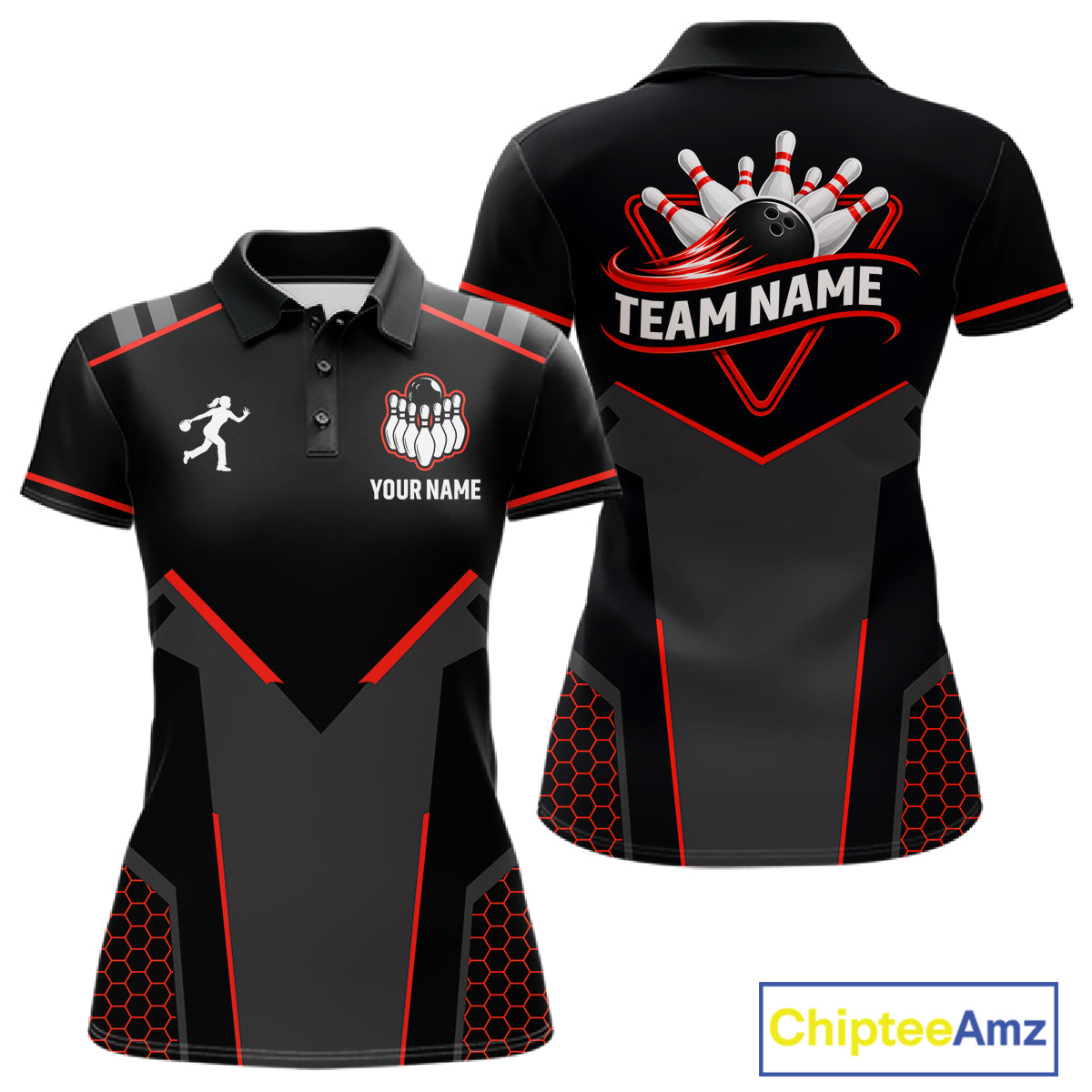 Personalized Bowling Jersey For Women Custom Black And Red Bowling Team Shirt Polo & 1/4 Zip TDM6116