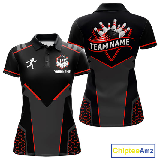 Personalized Bowling Jersey For Women Custom Black And Red Bowling Team Shirt Polo & 1/4 Zip TDM6116