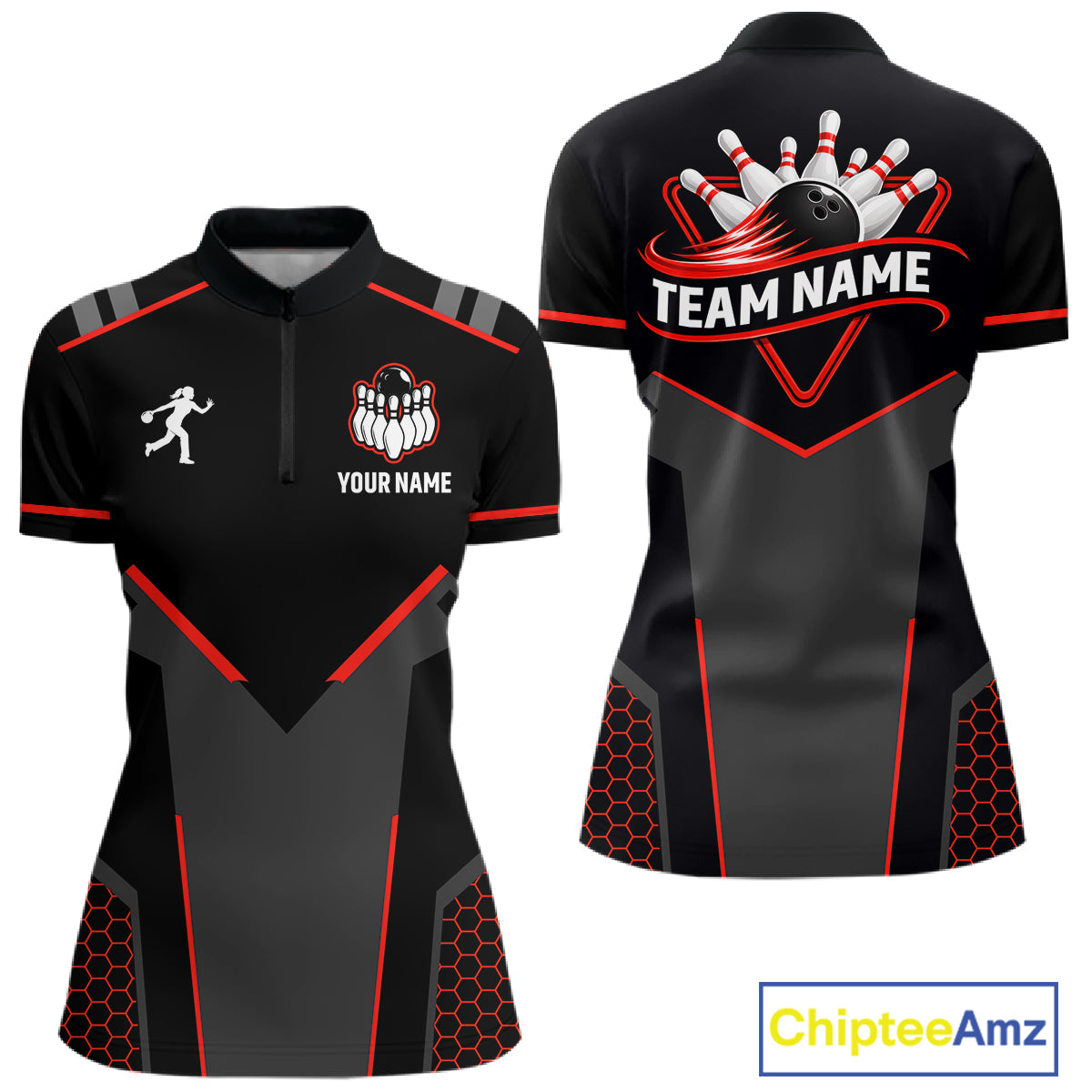 Personalized Bowling Jersey For Women Custom Black And Red Bowling Team Shirt Polo & 1/4 Zip TDM6116