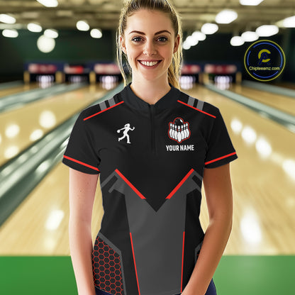 Personalized Bowling Jersey For Women Custom Black And Red Bowling Team Shirt Polo & 1/4 Zip TDM6116