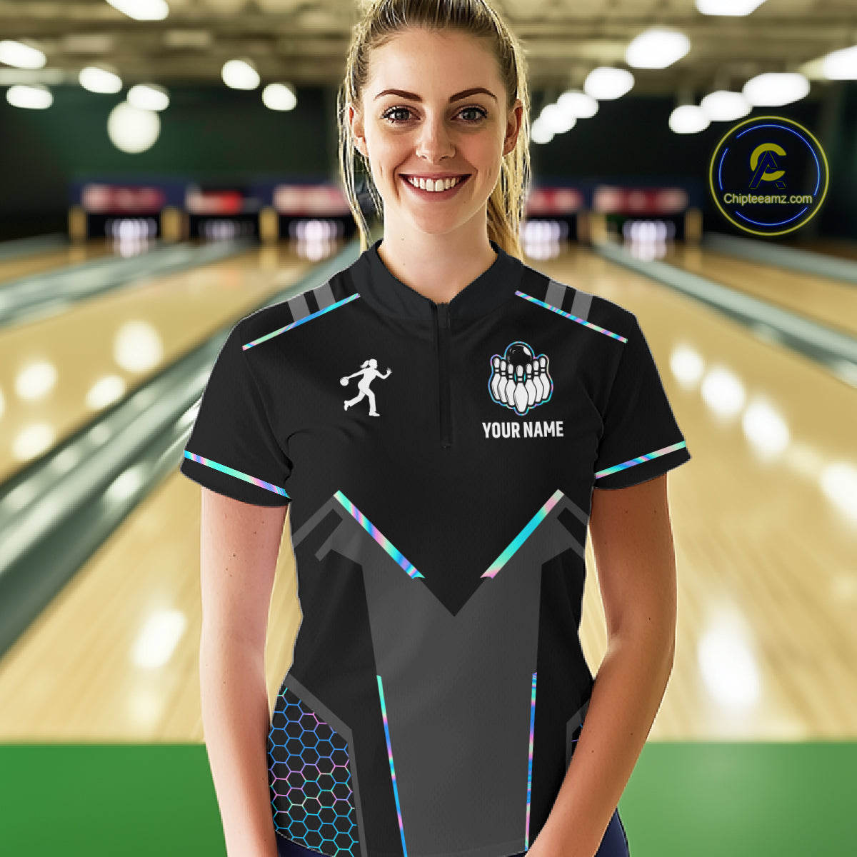 Personalized Holographic Bowling Jersey For Women Custom Bowling Team Shirts Polo & Quarter Zip TDM6118