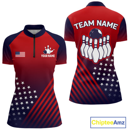 American Flag Bowling Jersey For Women, Custom Patriotic Bowling League Team Shirts Polo & 1/4 Zip TDM6544