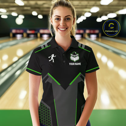 Personalized Bowling Jersey For Women, Custom Black And Green Bowling Team Shirt Polo & 1/4 Zip TDM6546