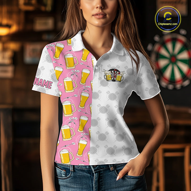 Woman wearing a pink and white darts and beer darts jersey front view.