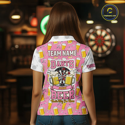 Back view of woman wearing a pink and white darts and beer darts shirt.