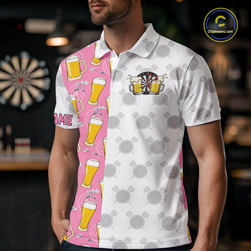 Man wearing a pink and white darts and beer darts jersey front view.