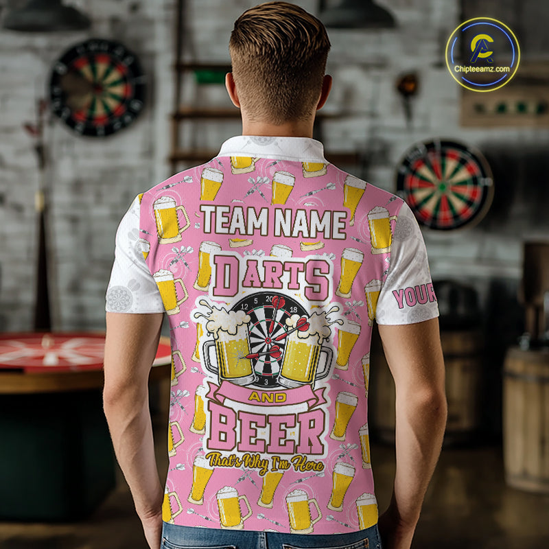 Back view of man wearing a pink and white darts and beer darts shirt.