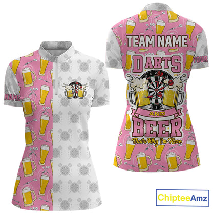 Pink and white darts and beer darts quarter zip shirt for women designed for league tournaments and team events.