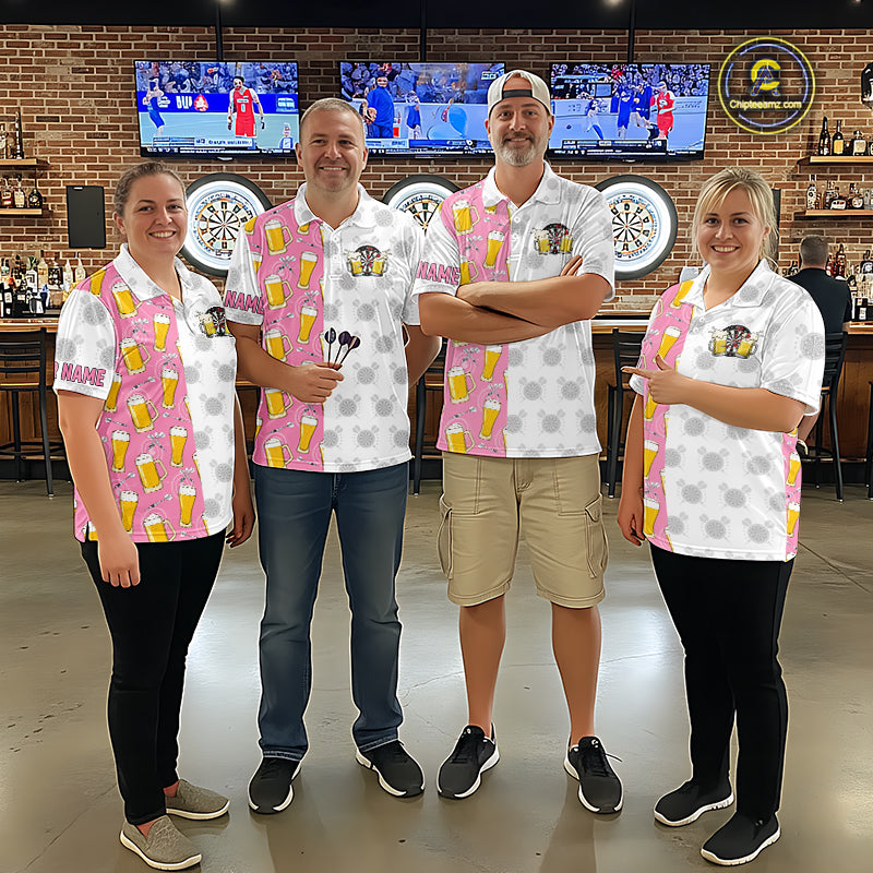 Darts team wearing matching pink and white darts and beer darts jerseys during league competition front view.