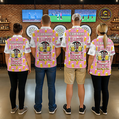 Back view of darts players wearing matching pink and white darts and beer darts shirts.