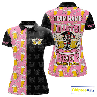 Pink and black darts and beer darts polo shirt for women with custom darts team graphics.