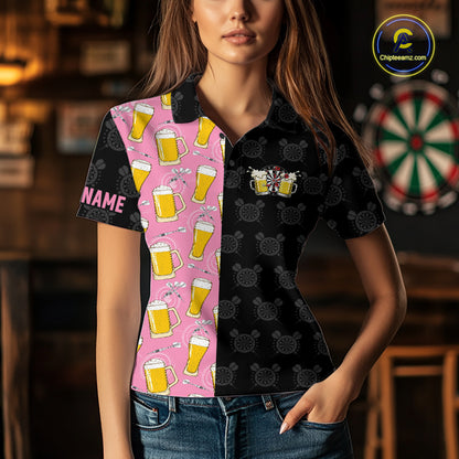 Woman wearing a pink and black darts and beer darts jersey front view.