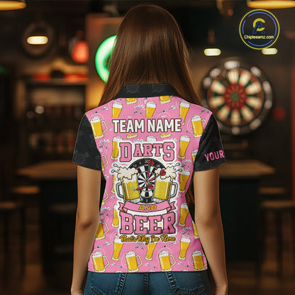 Back view of woman wearing a pink and black darts and beer darts shirt.