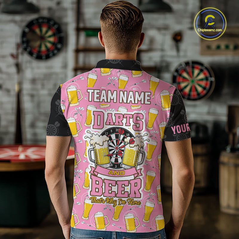 Back view of man wearing a pink and black darts and beer darts shirt.