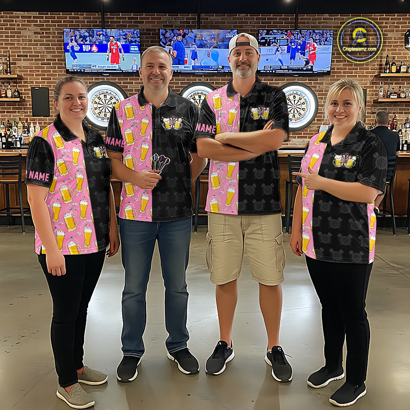 Darts team wearing matching pink and black darts and beer darts jerseys during league competition front view.