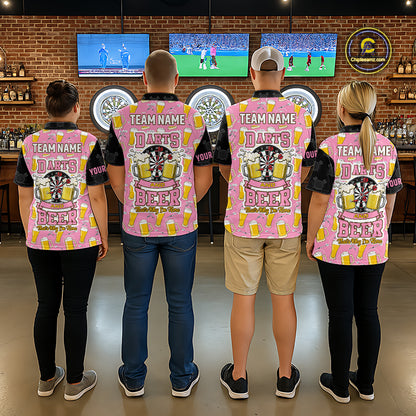 Back view of darts players wearing matching pink and black darts and beer darts shirts.