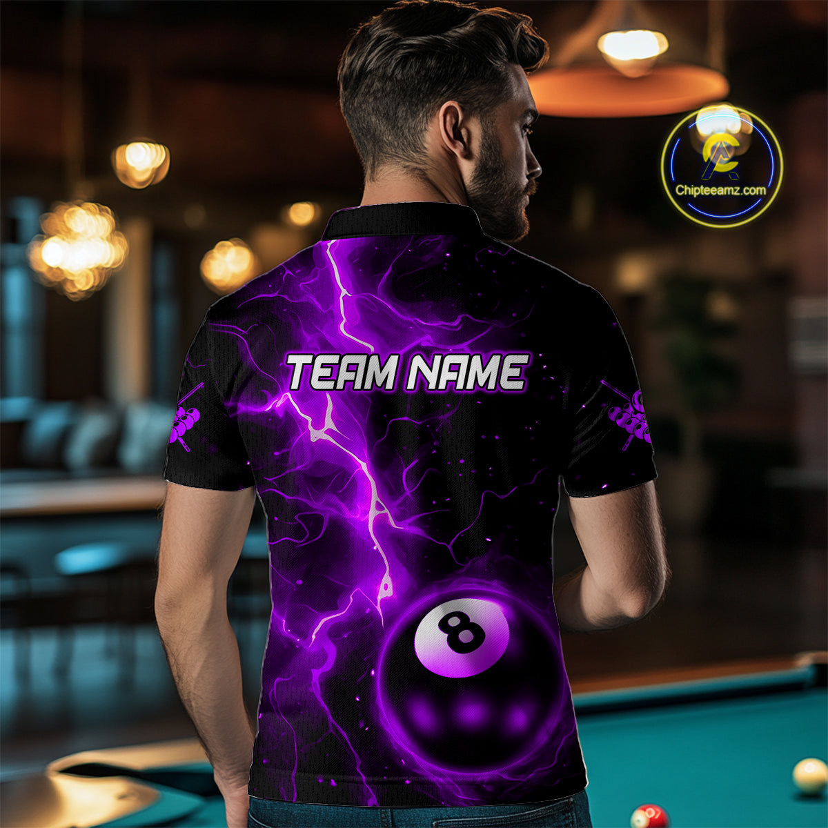 Purple And Black 8 Ball Striking Thunder Lightning Billiard Shirt For Men Custom Pool Team Jerseys TDM4390
