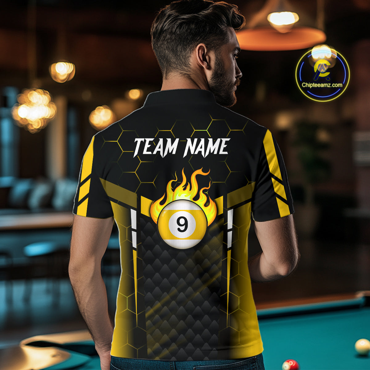 Personalized Yellow 9 Ball Flame Billiard Polo & Quarter Zip For Men, 9 Ball Pool Team Jersey TDM6127