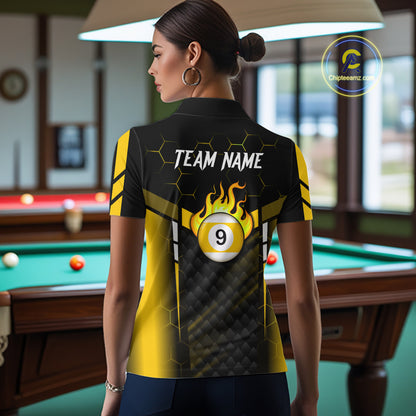 Personalized Yellow 9 Ball Flame Billiard Polo & Quarter Zip For Women, 9 Ball Pool Team Jersey TDM6127