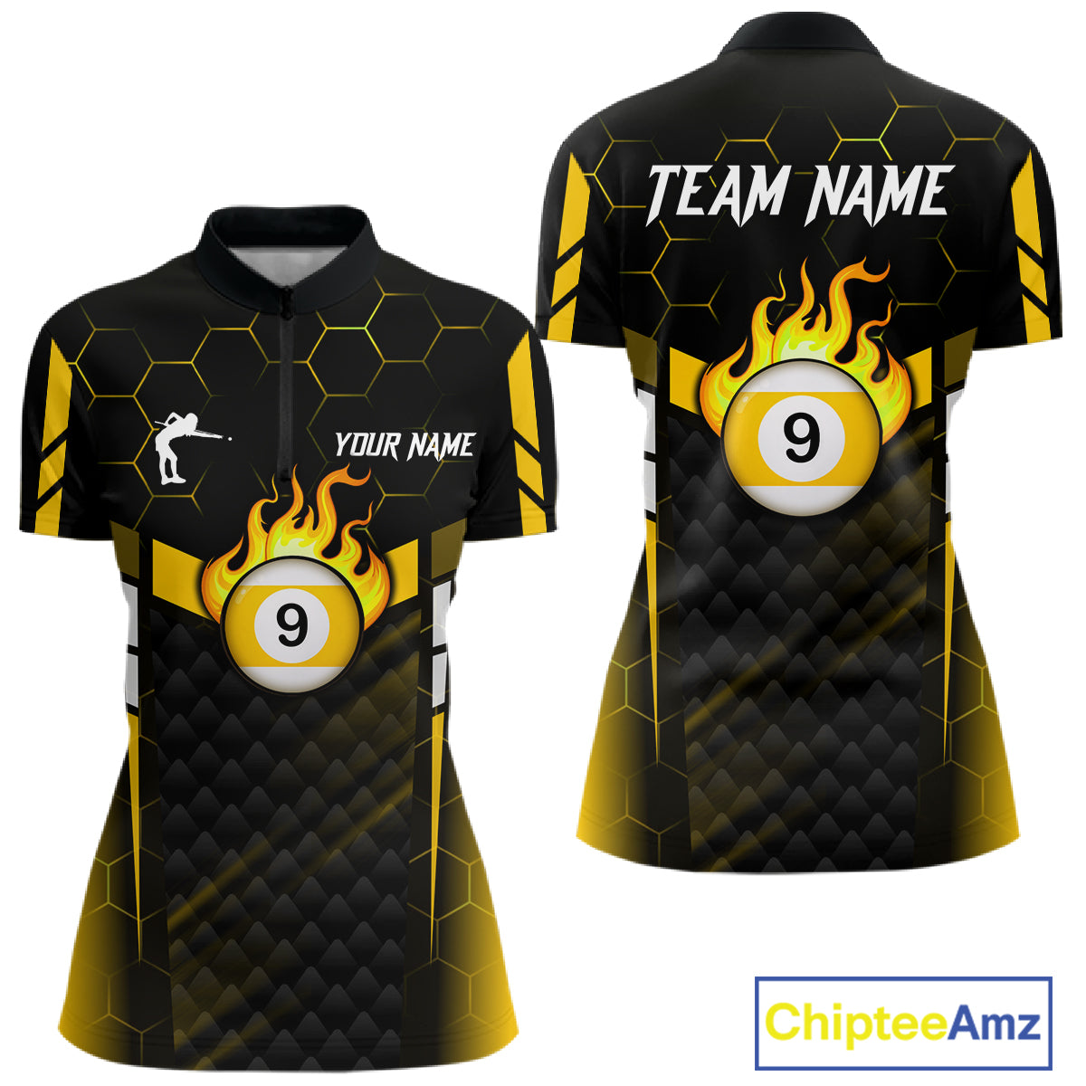 Personalized Yellow 9 Ball Flame Billiard Polo & Quarter Zip For Women, 9 Ball Pool Team Jersey TDM6127
