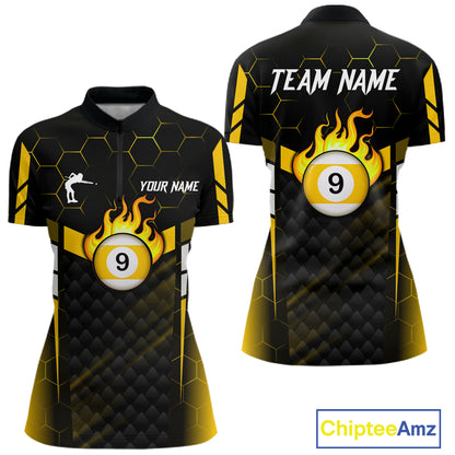 Personalized Yellow 9 Ball Flame Billiard Polo & Quarter Zip For Women, 9 Ball Pool Team Jersey TDM6127
