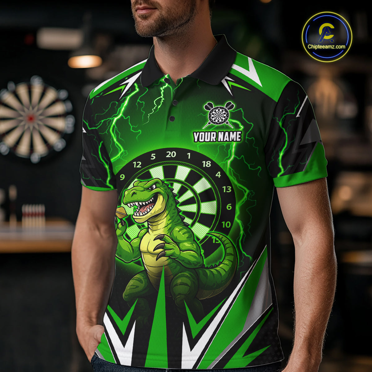 Green Funny Sauropod Darts Shirt For Men Custom Lightning Darts Team Jersey Polo & 1/4 Zip TDM5967