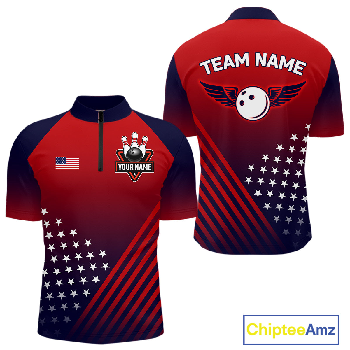 American Flag Bowling Jersey For Men Custom Patriotic Bowling Shirt Team Polo & 1/4 Zip |Red TDM5970
