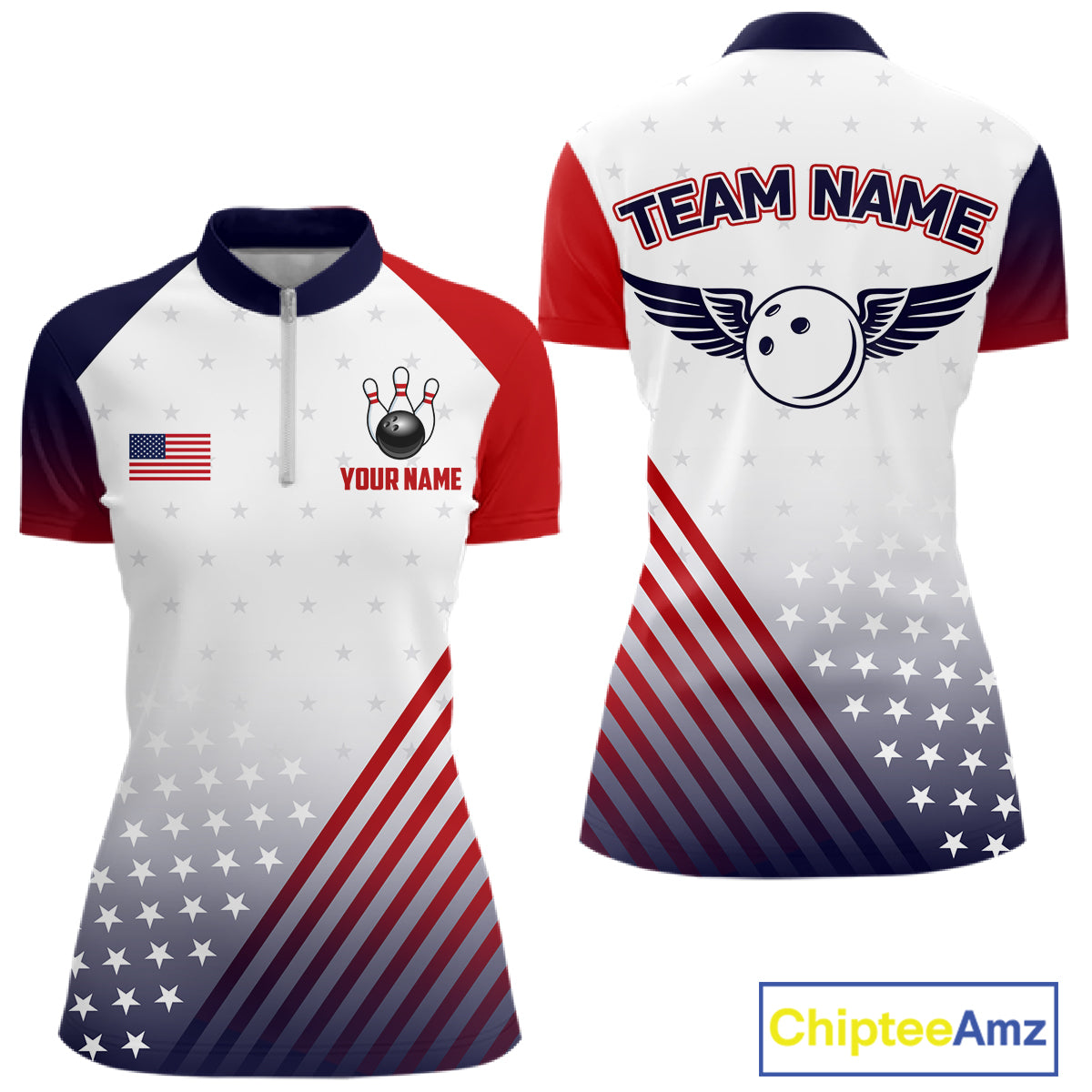 American Flag Bowling Jersey For Women Custom Patriotic Bowling Shirt Team Polo & 1/4 Zip |White TDM5971