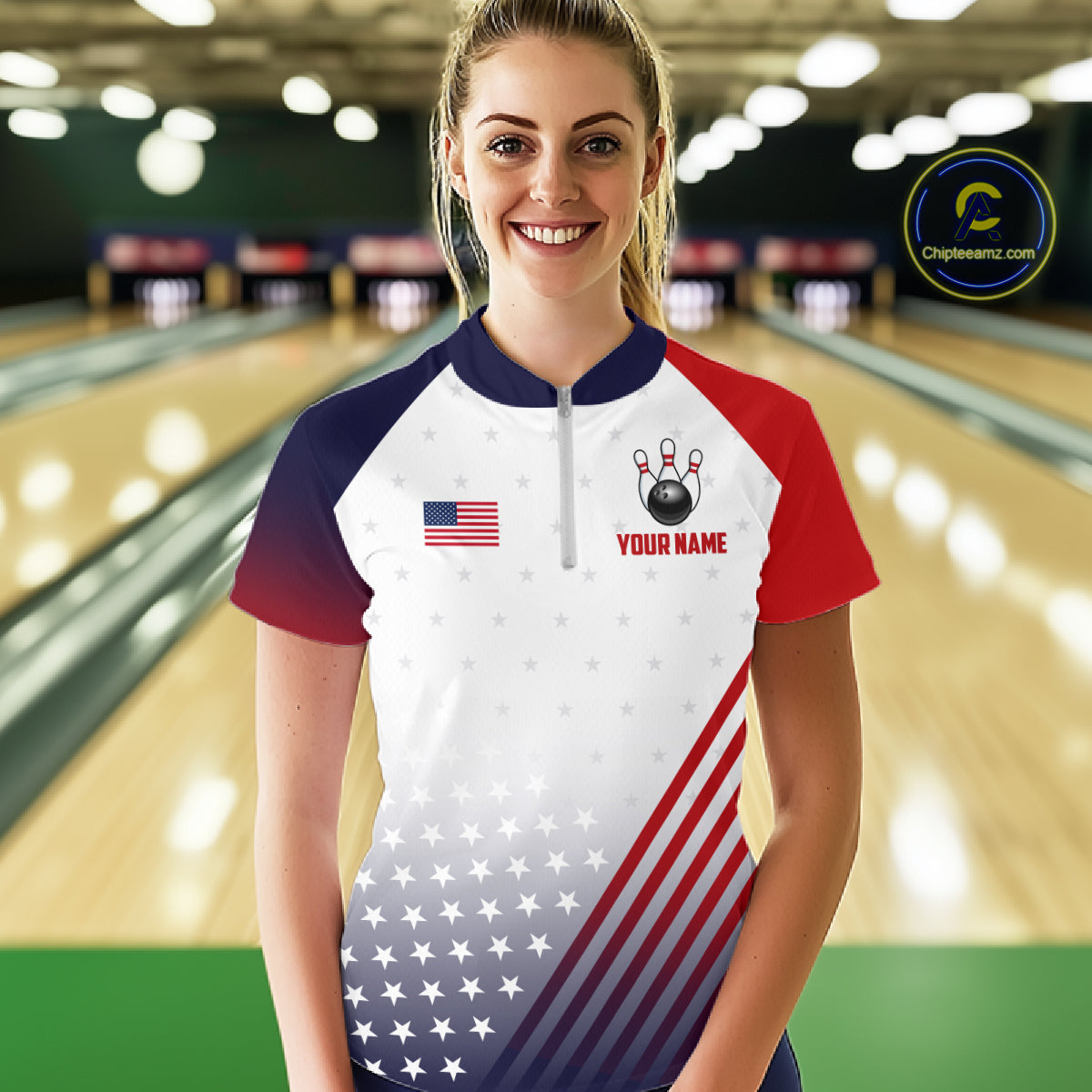 American Flag Bowling Jersey For Women Custom Patriotic Bowling Shirt Team Polo & 1/4 Zip |White TDM5971