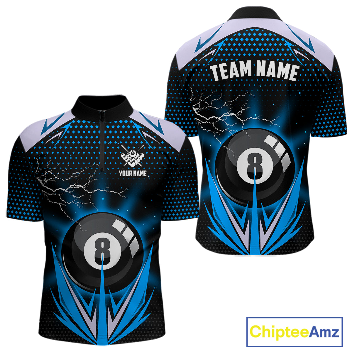 Blue 8 Ball Pool Billiard Jersey For Men Custom Lightning Billiard Team Shirt Polo & Quarter Zip TDM6135