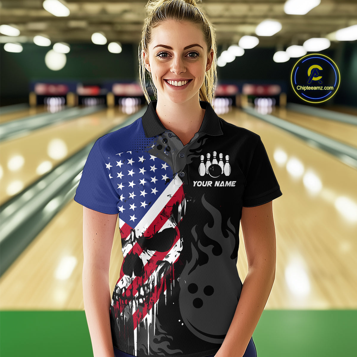Custom Grunge American Flag Skull Bowling Shirt For Women, Patriotic Bowling Jersey Polo & 1/4 Zip  TDM4636