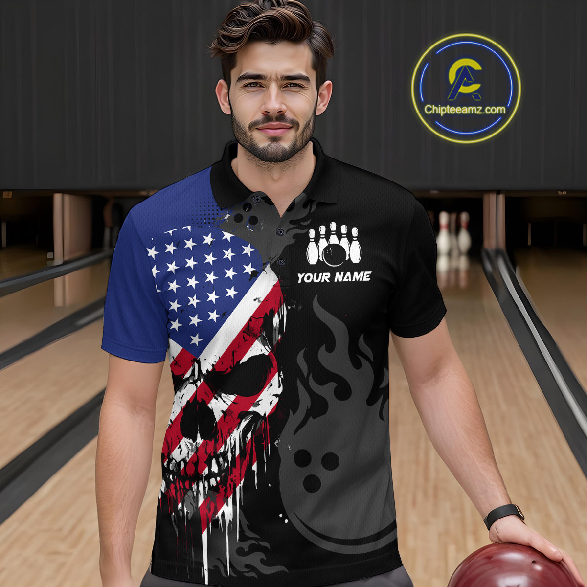 Custom Grunge American Flag Skull Bowling Shirt For Men, Patriotic Bowling Jersey Polo & 1/4 Zip  TDM4636