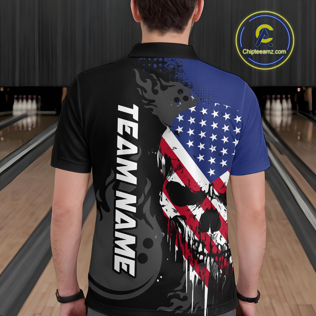 Custom Grunge American Flag Skull Bowling Shirt For Men, Patriotic Bowling Jersey Polo & 1/4 Zip  TDM4636
