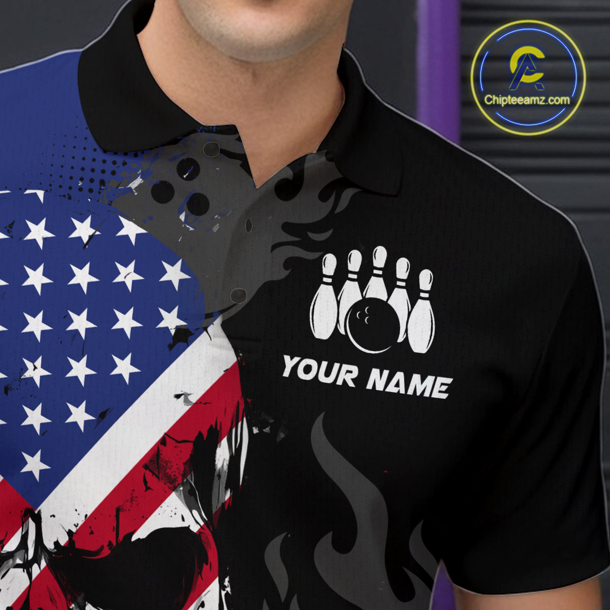 Custom Grunge American Flag Skull Bowling Shirt For Men, Patriotic Bowling Jersey Polo & 1/4 Zip  TDM4636