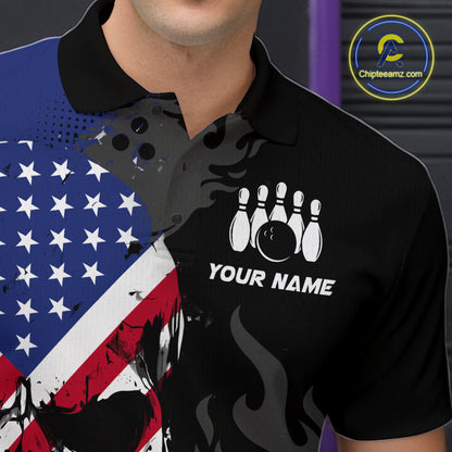 Custom Grunge American Flag Skull Bowling Shirt For Men, Patriotic Bowling Jersey Polo & 1/4 Zip  TDM4636