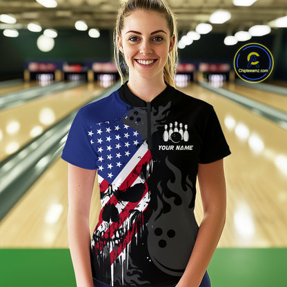 Custom Grunge American Flag Skull Bowling Shirt For Women, Patriotic Bowling Jersey Polo & 1/4 Zip  TDM4636