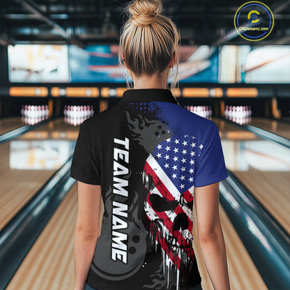 Custom Grunge American Flag Skull Bowling Shirt For Women, Patriotic Bowling Jersey Polo & 1/4 Zip  TDM4636
