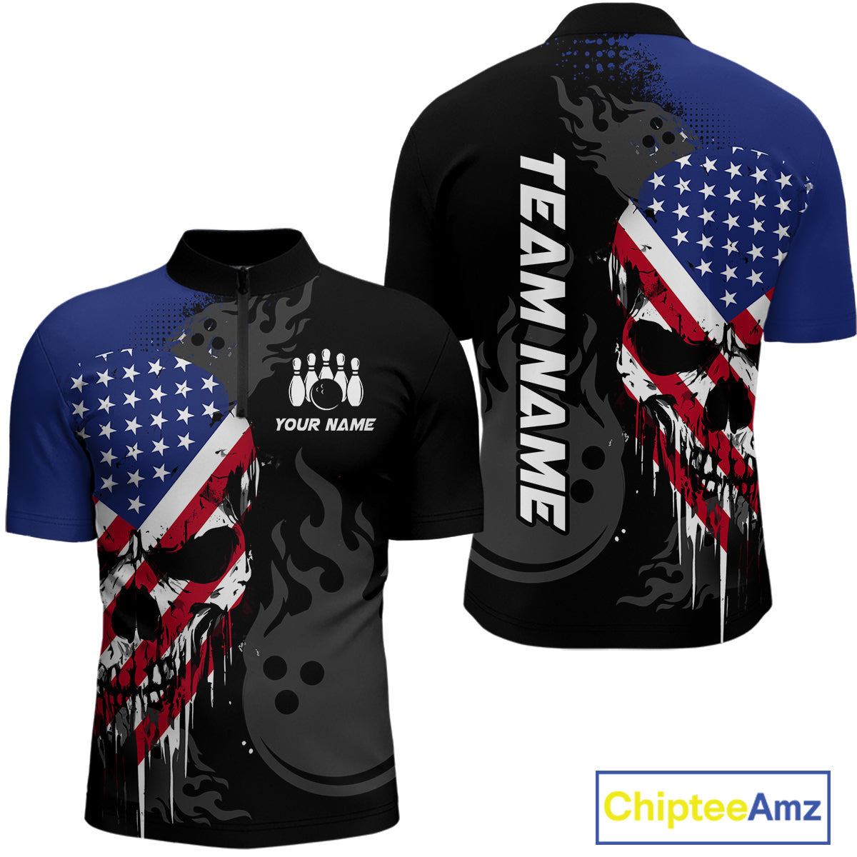 Custom Grunge American Flag Skull Bowling Shirt For Men, Patriotic Bowling Jersey Polo & 1/4 Zip  TDM4636