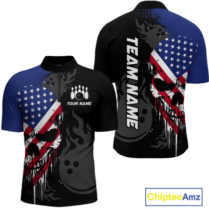 Custom Grunge American Flag Skull Bowling Shirt For Men, Patriotic Bowling Jersey Polo & 1/4 Zip  TDM4636