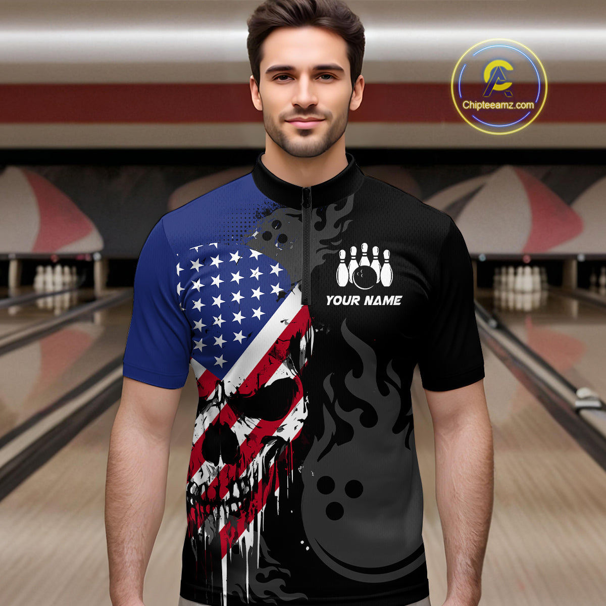Custom Grunge American Flag Skull Bowling Shirt For Men, Patriotic Bowling Jersey Polo & 1/4 Zip  TDM4636