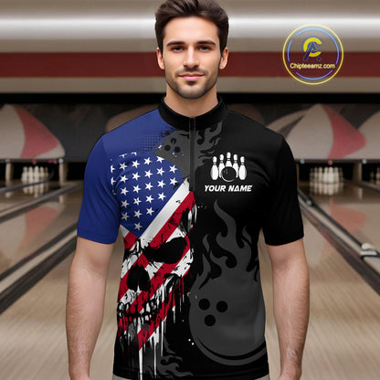Custom Grunge American Flag Skull Bowling Shirt For Men, Patriotic Bowling Jersey Polo & 1/4 Zip  TDM4636