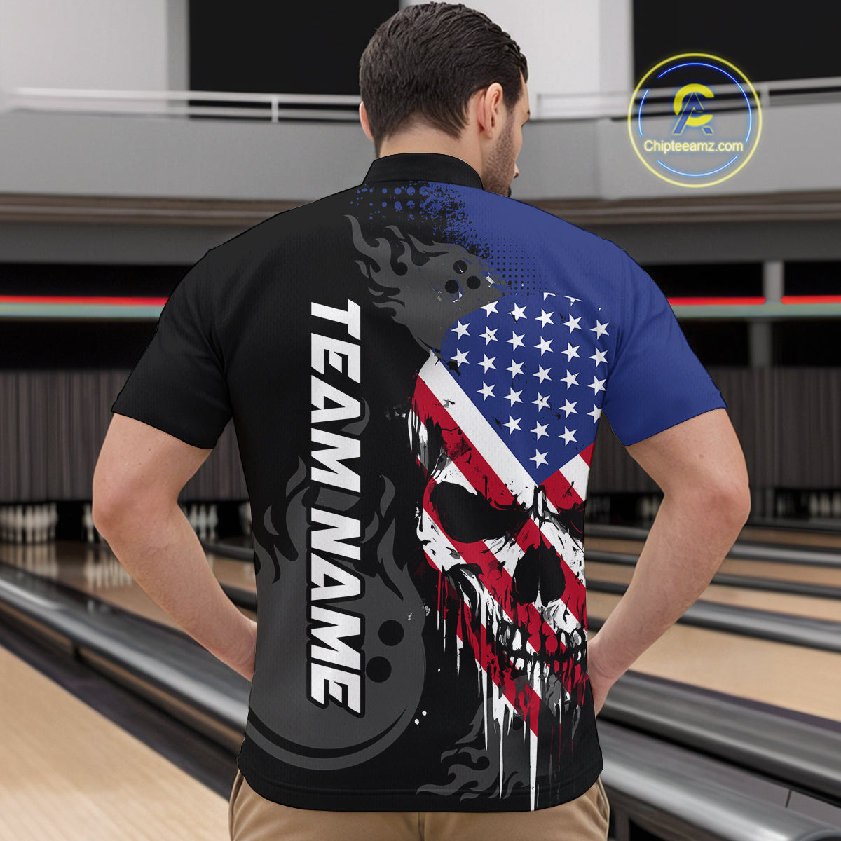 Custom Grunge American Flag Skull Bowling Shirt For Men, Patriotic Bowling Jersey Polo & 1/4 Zip  TDM4636