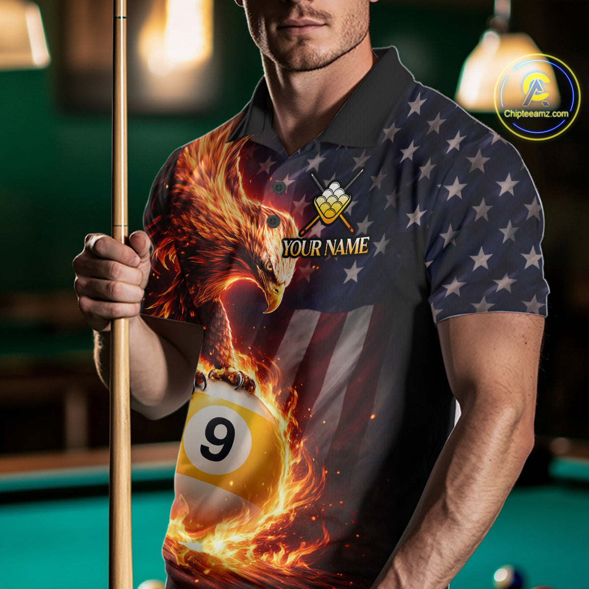 American Flag Flame 9 Ball Eagle Billiard Shirt For Men Custom Pool Team Shirt, Billiard Jersey TDM5788