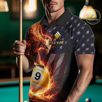 American Flag Flame 9 Ball Eagle Billiard Shirt For Men Custom Pool Team Shirt, Billiard Jersey TDM5788