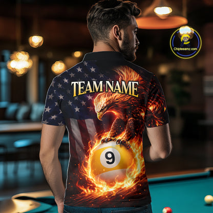 American Flag Flame 9 Ball Eagle Billiard Shirt For Men Custom Pool Team Shirt, Billiard Jersey TDM5788