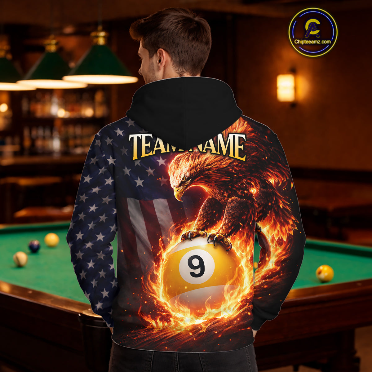 American Flag Flame 8 Ball & 9 Ball Eagle Billiard Hoodie For Men Women Custom Pool Hoodie Jersey TDM5789