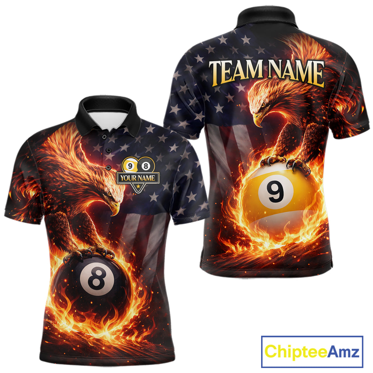 American Flag Flame 8 Ball & 9 Ball Eagle Billiard Shirt For Men Custom Patriotic Pool Team Jersey TDM5789