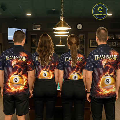 American Flag Flame 8 Ball & 9 Ball Eagle Billiard Shirt For Men Custom Patriotic Pool Team Jersey TDM5789